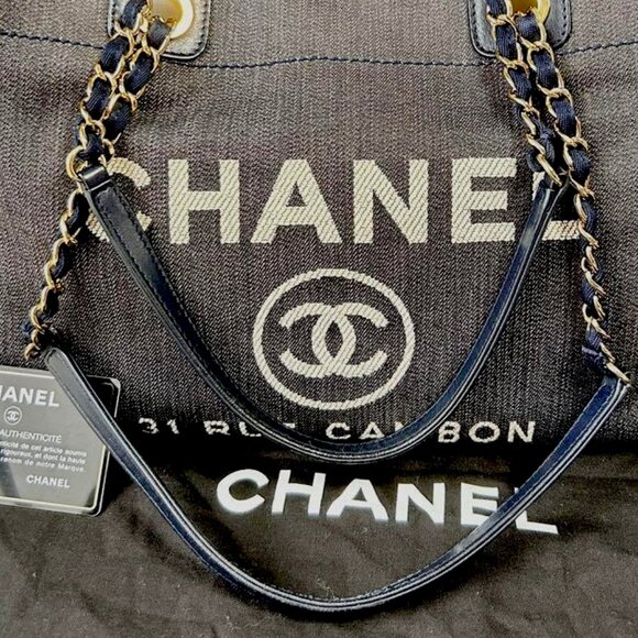 Authentic CHANEL CC Canvas MM Deauville Tote Blue Denim Navy Chain Shoulder Bag - Picture 15 of 16